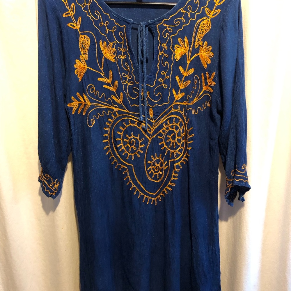 Embroidered Tunic Top, Blue and Gold with‎ Tie Front